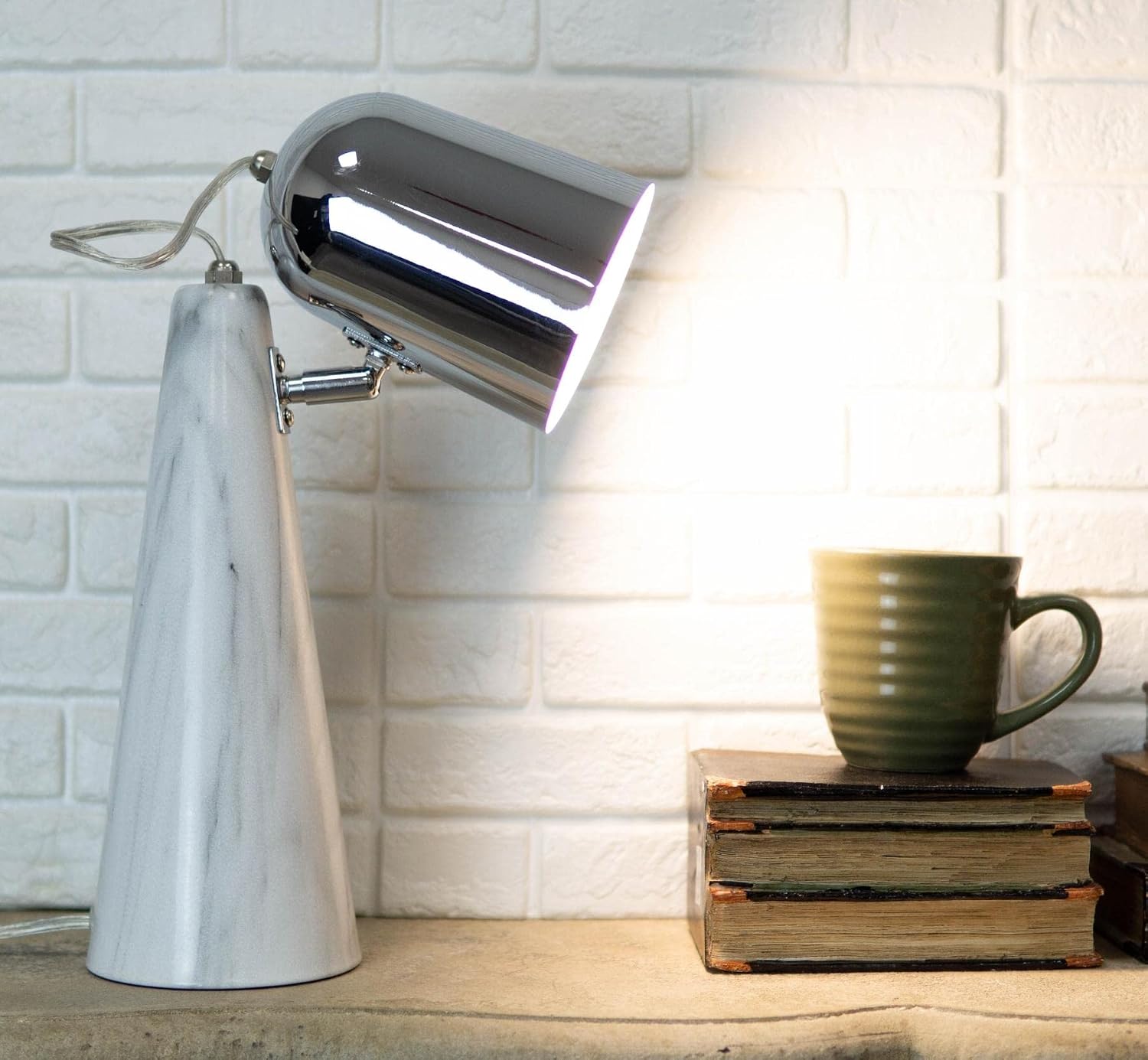 Ebros Gift Ceramic Contemporary Cone Desk Study Lamp with Faux Carrara Marble Base and Adjustable Silver Polished Iron Cylindrical Shade 15" Tall