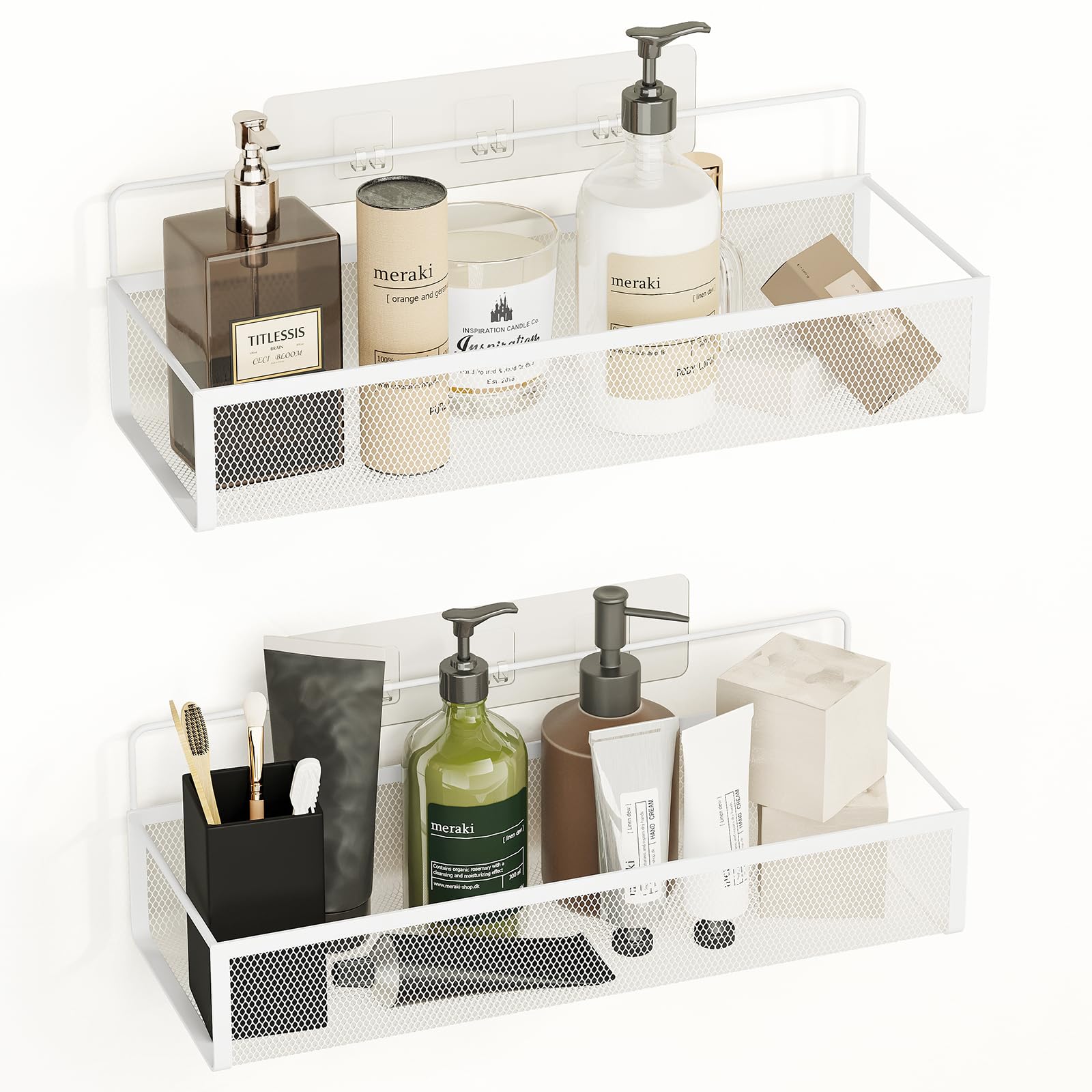 Fixwal 2 Pack Shower Caddy Bathroom Organizer Shelf with 4 Hooks, Rustproof Wall-Mounted Strong Adhesive Storage Rack No Drilling for Home Kitchen Dormitory Organizer (White)