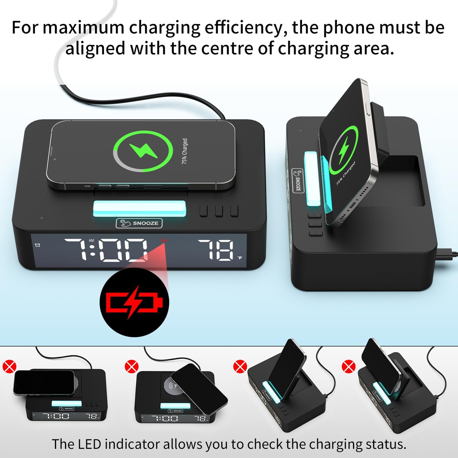 Zegar na Biurko LED z Szybkim Bezprzewodowym ładowaniem Kolorowe światło Nocne Lustrzany Ekran dla IPhone'a Samsung Smartfony z Systemem Home Office Travel Black (Czarny)
