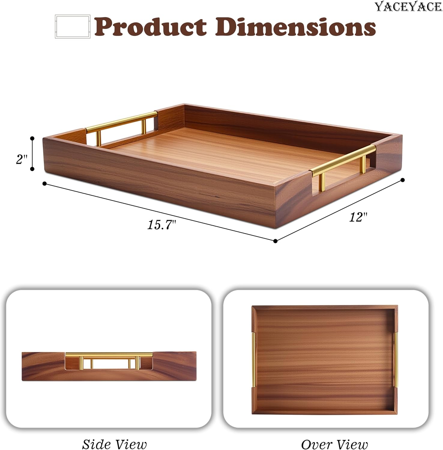 Wood Serving Tray, 15.75" x 11.8" x 1.7" Serving Tray with Gold Metal Handles for Home Decorative, Rectangle Wooden Trays for Ottoman, Home