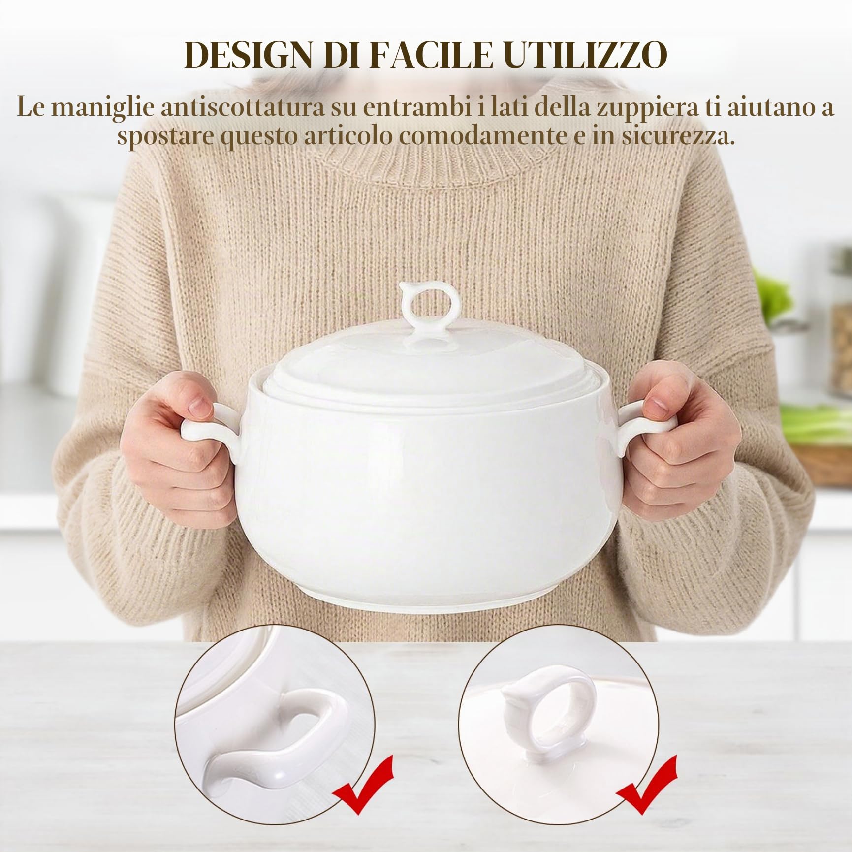 Zuppiera da 3000 ml, ciotole rotonde in ceramica con coperchio, ciotole resistenti al calore con manici, adatte al microonde, per ristorante, cucina di casa Zuppiera, ciotola in ceramica con cope