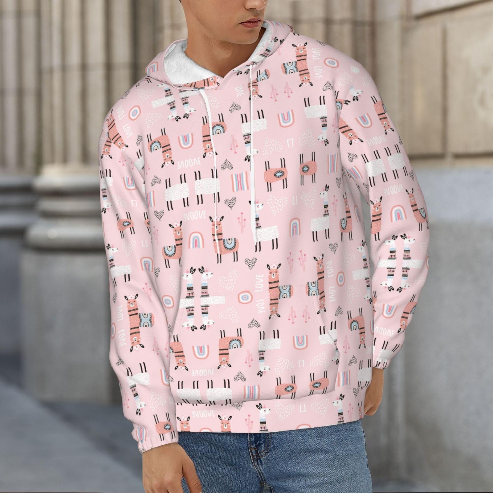 Męska lama. Bluza z kapturem z nadrukiem, casualowa grafika z nadrukiem bluzy z kapturem z kieszenią