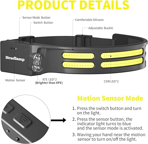 Miniatura 10 de Daining Linterna frontal LED, lámpara frontal recargable por USB, haz ancho de 230, con sensor de movimiento, linterna impermeable súper brillante