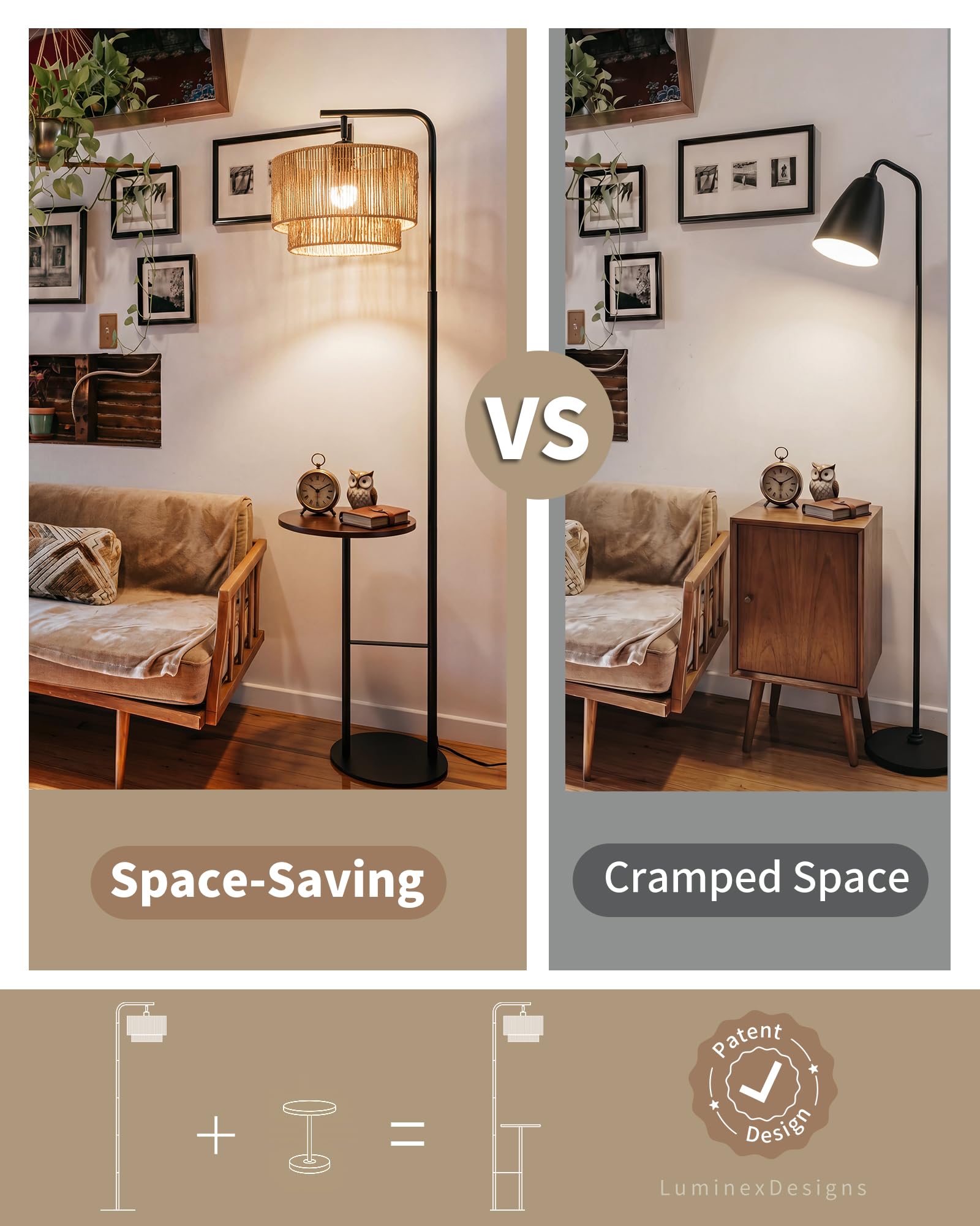 Stehlampe Wohnzimmer Rattan mit Ablage – Vintage Stehleuchte, E27 Standlampe Boho mit Verstellbar Lampenkopf, 3 Farbtemperaturen per Fußschalter, H170cm für Schlafzimmer WOVI FL12