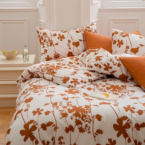 Miniatura 2 de BuLuTu Juego de funda de edredón con diseño de hojas naranjas quemadas, estampado botánico, blanco, 100% algodón, juego de ropa de cama estética,