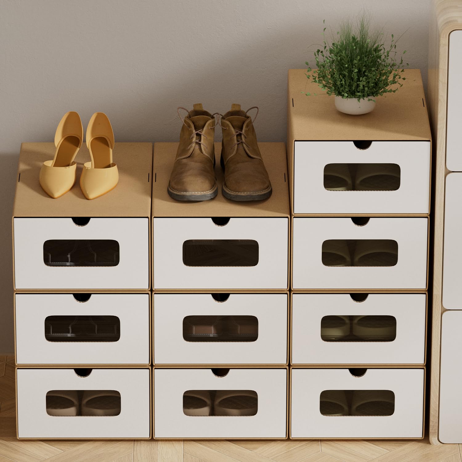 30 cajas de almacenamiento para zapatos, color blanco/marrón con ventana, plegables, 35 x 23 x 13,5 cm, apilables, cajas para zapatos, cajón, cajas multiusos de cartón kraft para hasta la