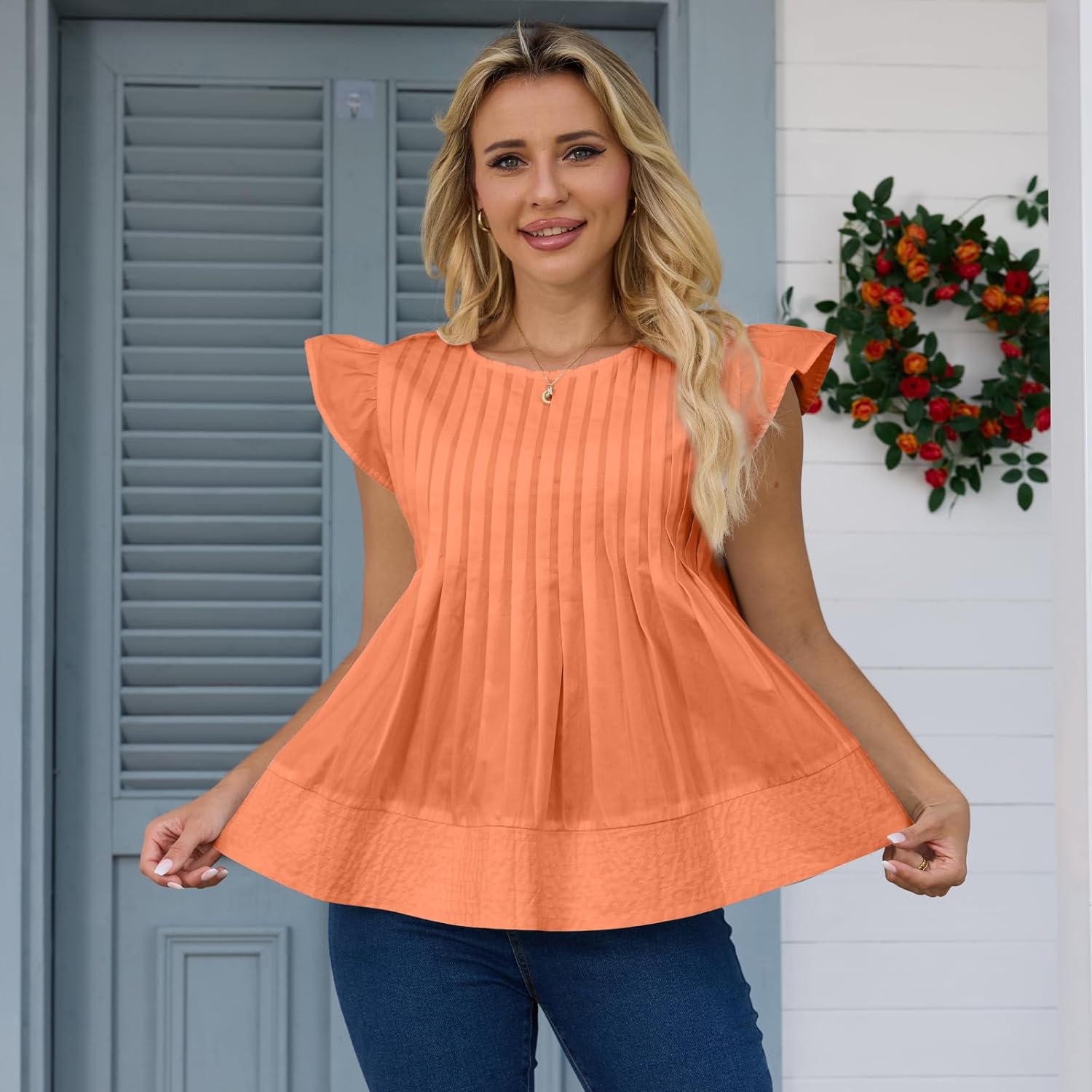 Women's Summer Blouse Ruffled Sleeves Pleated A Line Peplum Babydoll Shirt Top(Orange,XL) - Image 4