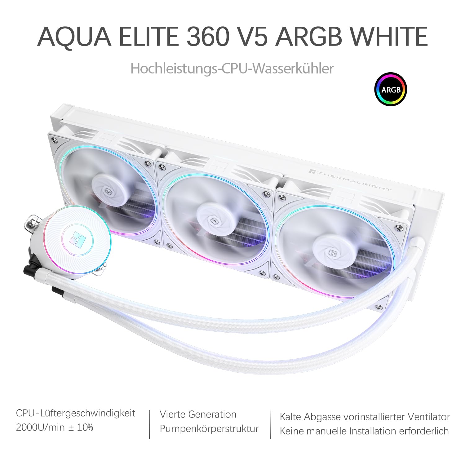 TR-Thermalright AQUA ELITE 360 V5 ARGB White, chłodzenie cieczą CPU, 360 mm AIO, 3 wentylatory PWM ARGB 2000 RPM, dla AM4/AM5, Intel LGA1851/1700/115x/1200 (białe)
