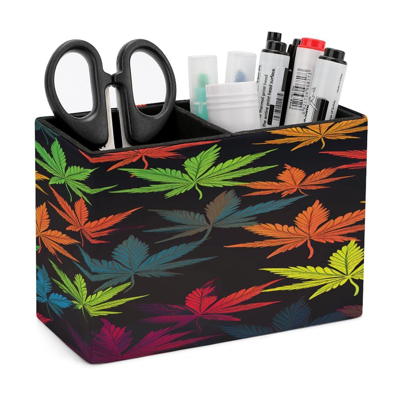VstaDank Colorful Cannabis Leaves Pen Holder Double Compartments Pen Cup Fashion Makeup Brush Holders Leather Pencil Holder for Work Locker Accessories Modern Pencil Cup for Desk Organizer