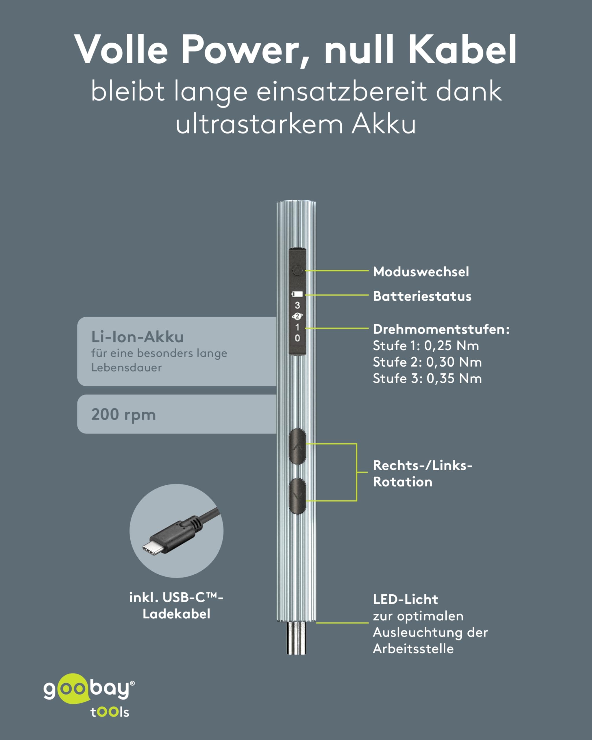 goobay Elektrischer Akkuschraubendreher 58in1 mit 50 Präzisions-Bits, magnetischem Aluminium-Case, 3 Drehmomentstufen, LED-Licht, USB-C-Ladung, Werkzeug-Set für Elektronik, Smartphone & PC