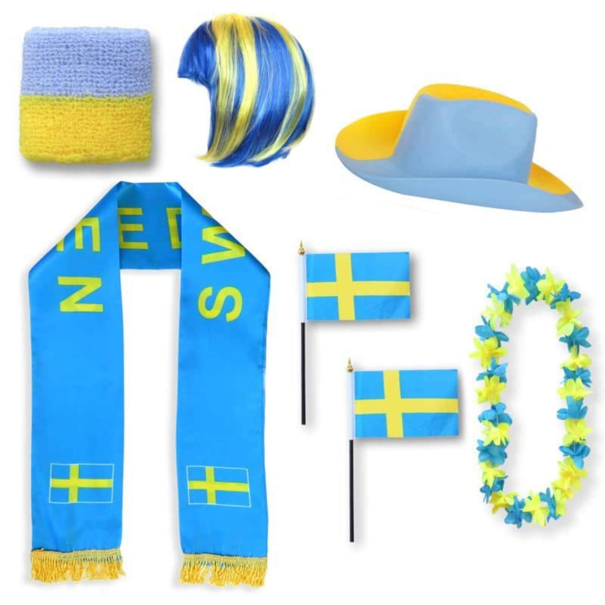 Sonia Originelli Fanset Fanartikel Fanhut Blumenkette Fanschal Schweißband Fähnchen Perücke WM EM Farbe: Schweden Bob