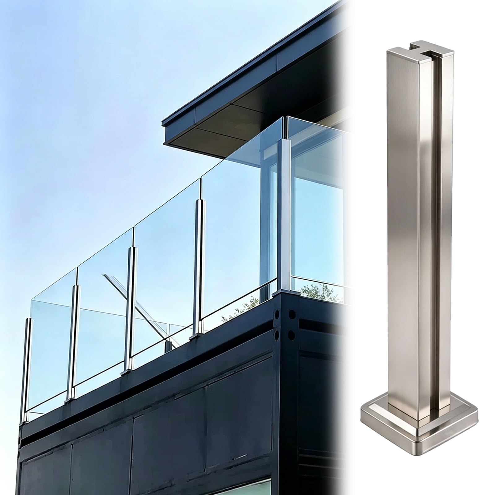 ZJKXJH Terrace Glass Panel Support Post for 10-12mm Thickness, Frameless Glass Baluster Post for Indoor And Outdoor Use, Stainless Steel(Middle Post-Silver,H-37.4in/95cm)