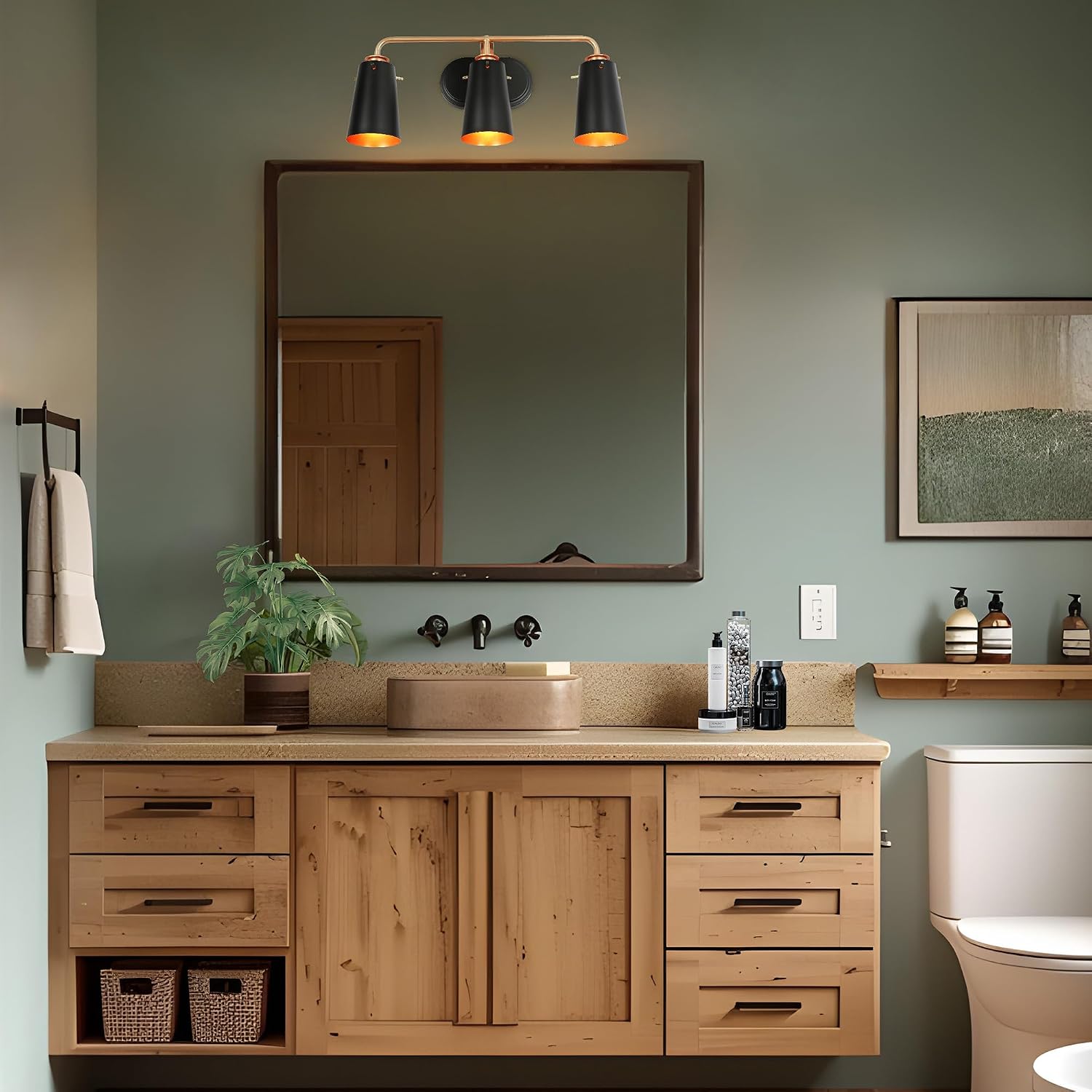 KSANA Black Gold Bathroom Light Fixture, Modern 3-Light Vanity Light with Metal Shade, Farmhouse 22.5”L Vanity Lighting Over Mirror