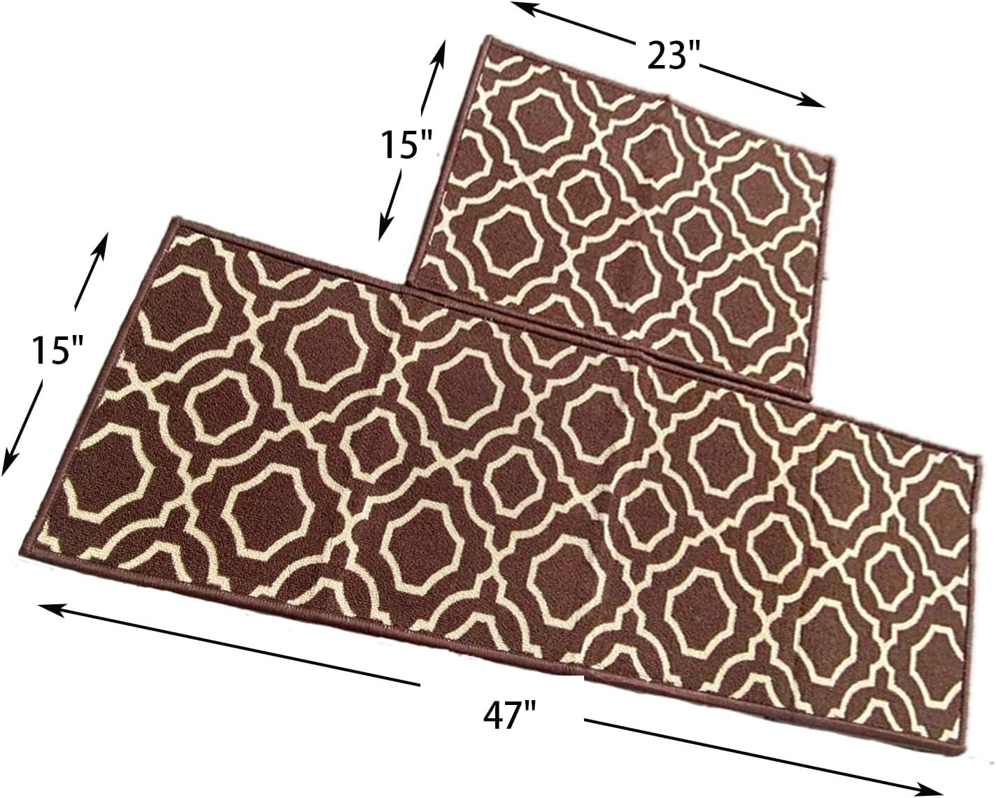 Easychan 2 Piece Carpet Rubber Backing Non-Slip Kitchen Mat Doormat Area Rugs (15"x47"+15"x23", Brown)
