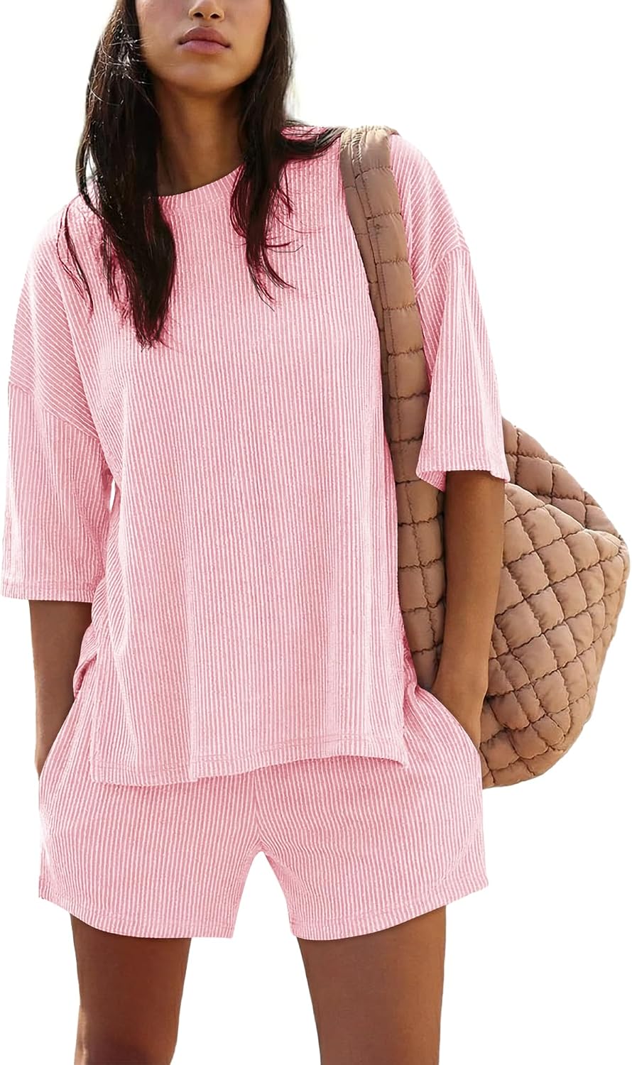 COCCKO Women 2 Piece Shorts Sets Ribbed Casual Outfits Oversized Short Sleeve Pocket Cute Summer Travel Matching Lounge Set
