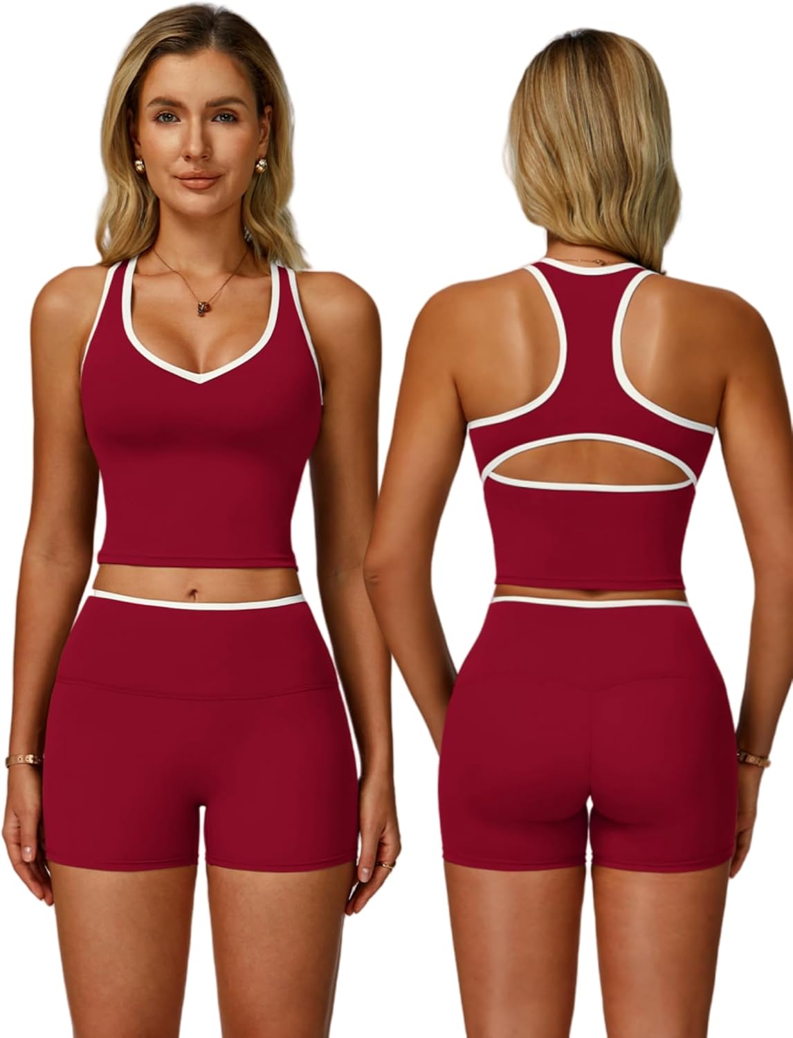ABOCIW Workout Sets for Women 2 Piece Color Block V Neck Racerback Tank Top Built in Bra High Waist Shorts