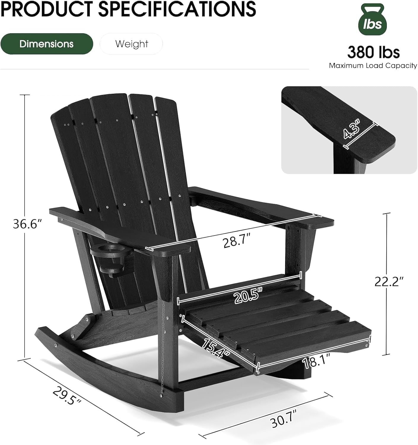 Adirondack Rocking Chair with Retractable Ottoman,Outdoor Folding Adirondack Chair with Cup Holder,HDPE All-Weather Patio Lounge Chair for Porch,Lawn, Poolside, Black