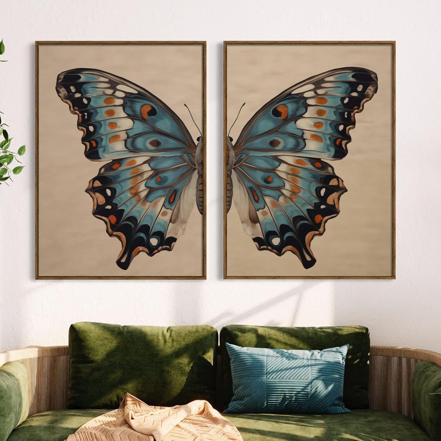 Vintage Butterfly Canvas Wall Art - Blue Painting, Moody Print, Insect Art, Boho Picture, Moth Poster for Bedroom Decor 16x24inch No Frame