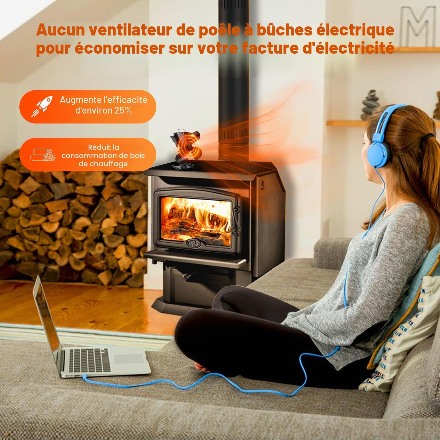 Ventilateur à 4 pales alimenté par la chaleur pour poêle à bois/cheminée - Écologique et efficace