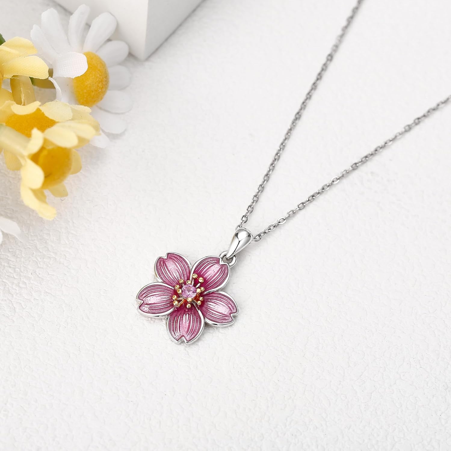 YAFEINI Cherry Blossom Necklace 925 Sterling Silver Pink Sakura Flower Pendant Christmas Mother's Day Jewelry for Women Mom - Image 2