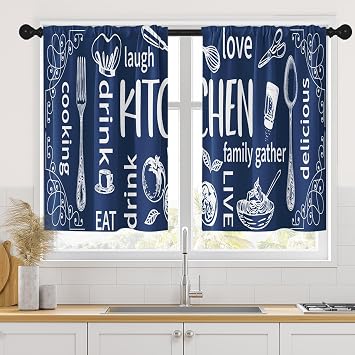 Arttown Kitchen Curtains 36 Inch Length, 2 Pack, Abstract Doodle Art Modern | Rod Pocket Cafe Curtain Drapes for Living Room Bedroom Bathroom Kitchen Over Sink Decor