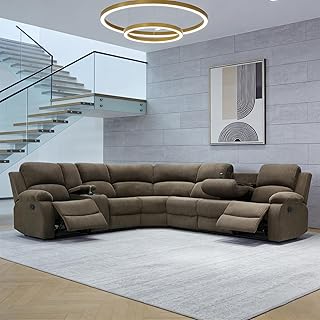 Recliner Sectional Sofa for Living Room Furniture Sets,L Shaped Corduroy Manual Reclining Corner Couch with Storage Console/Convertible Backrest Coffee Table/Cup Holders(Brown,Sectional)