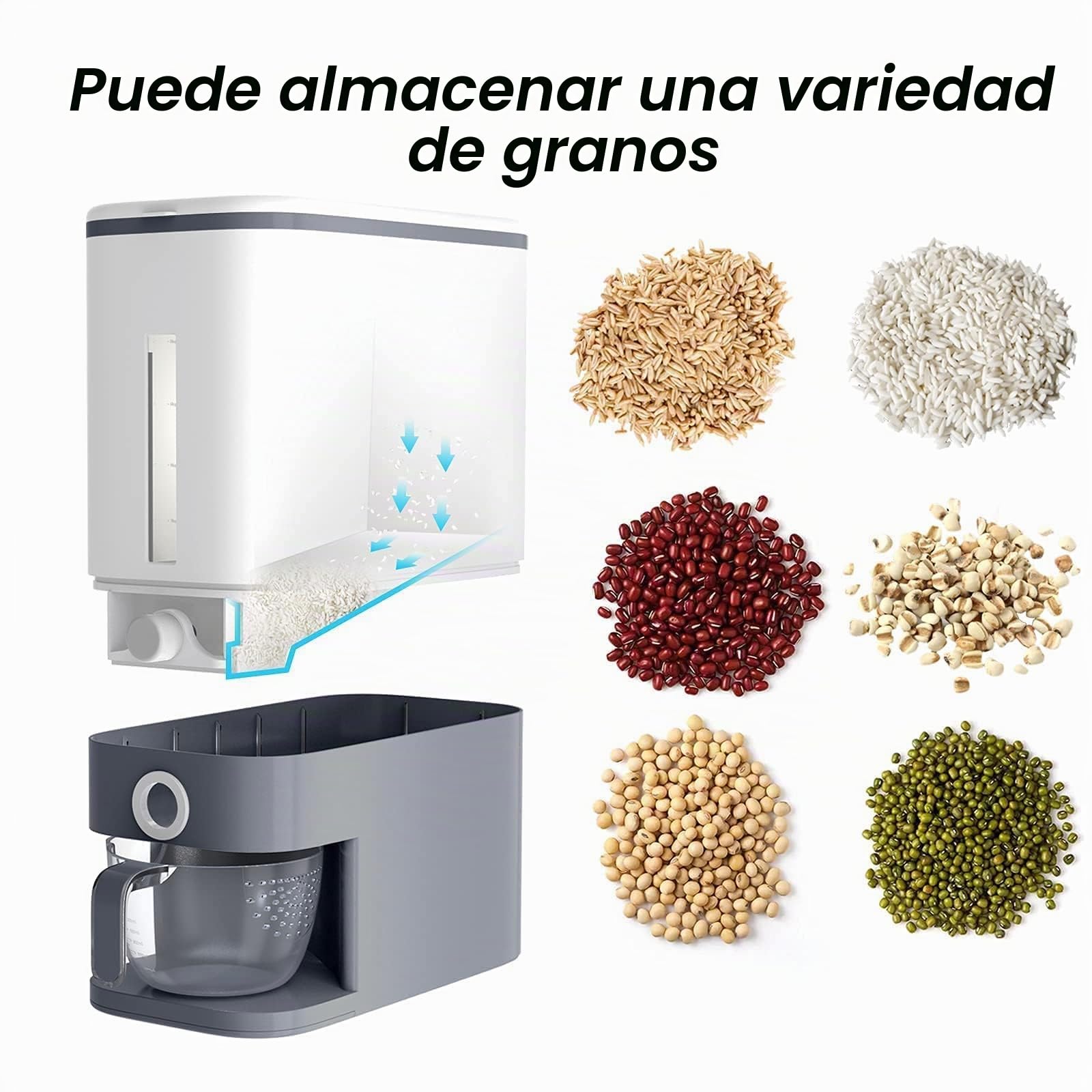 Dispensador de arroz grande, contenedor de grano grande con tapa, cilindro de medición, a prueba de humedad, dispensador de cereales para el hogar, cubo para cocina, soja y maíz