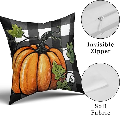 Miniatura 8 de Juego de 2 fundas de almohada de otoño de 18 x 18 pulgadas, diseño de calabaza, negro y blanco, a cuadros, decoración del hogar, cosecha de otoño,