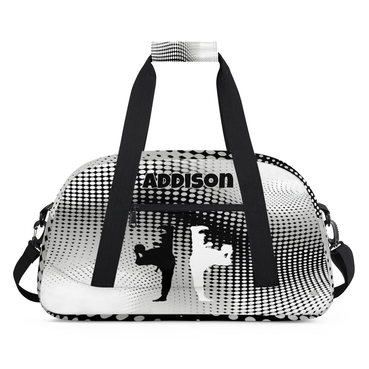 Custom Sports Duffel Bag for Boys, Personalized Sports Gym Tote Workout Bag Named Rank Travel Overnight Training Bag, Black White Martial Art