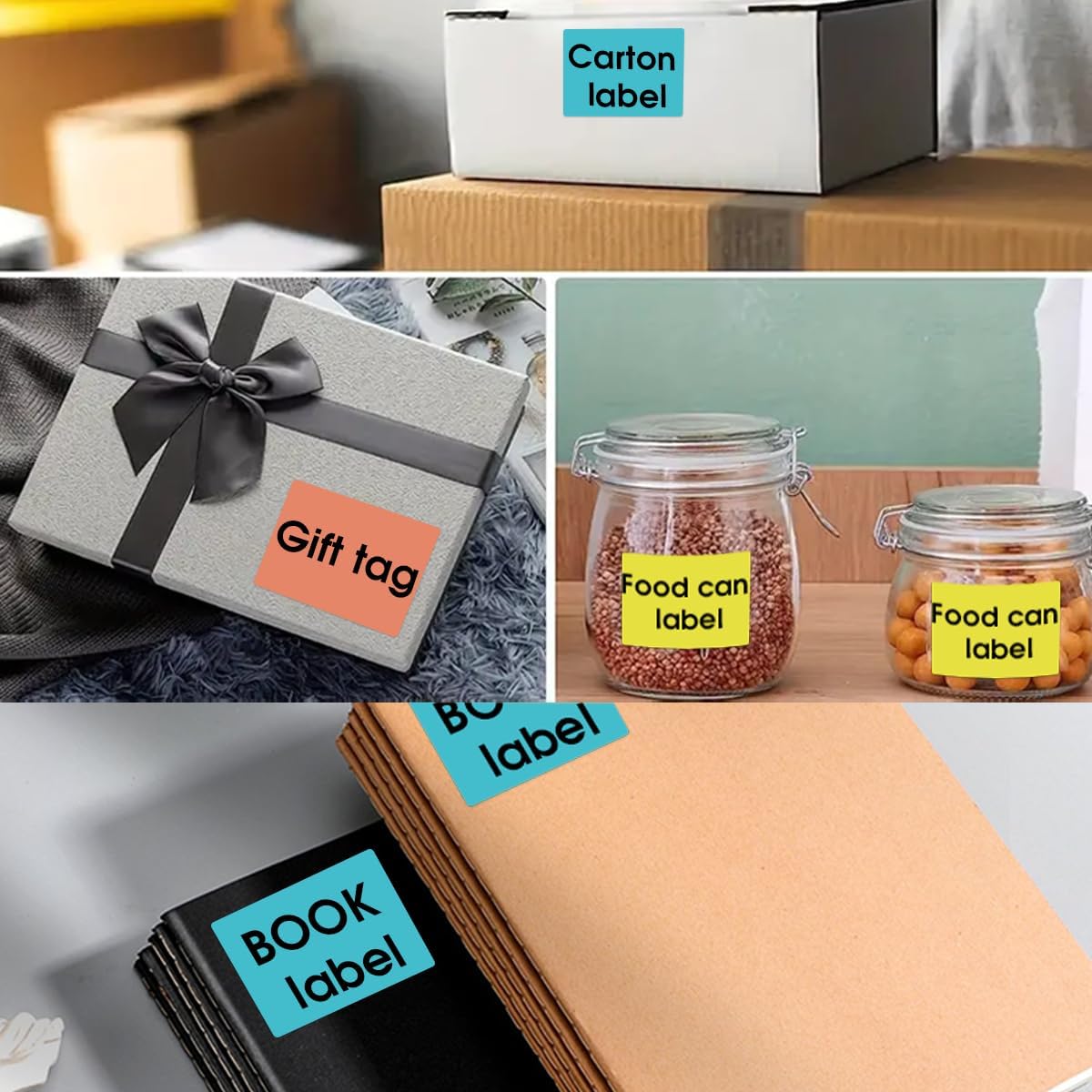 Examples of SINMARK thermal labels used for carton, gift tag, food can, and book labels.