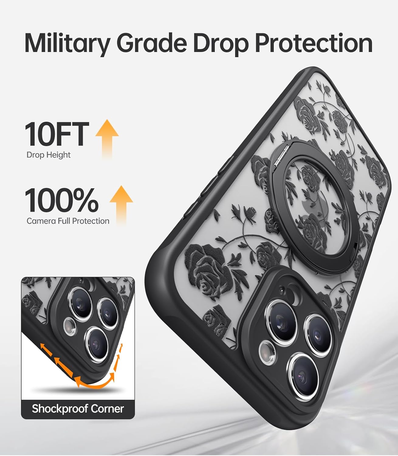 Magnetic Stand Case for iPhone 16 Pro Max [360° Rotatable Kickstand] [Compatible with MagSafe] Black Rose Design with Ring Holder Case for Women Girls, Translucent Matte Slim Phone Cover