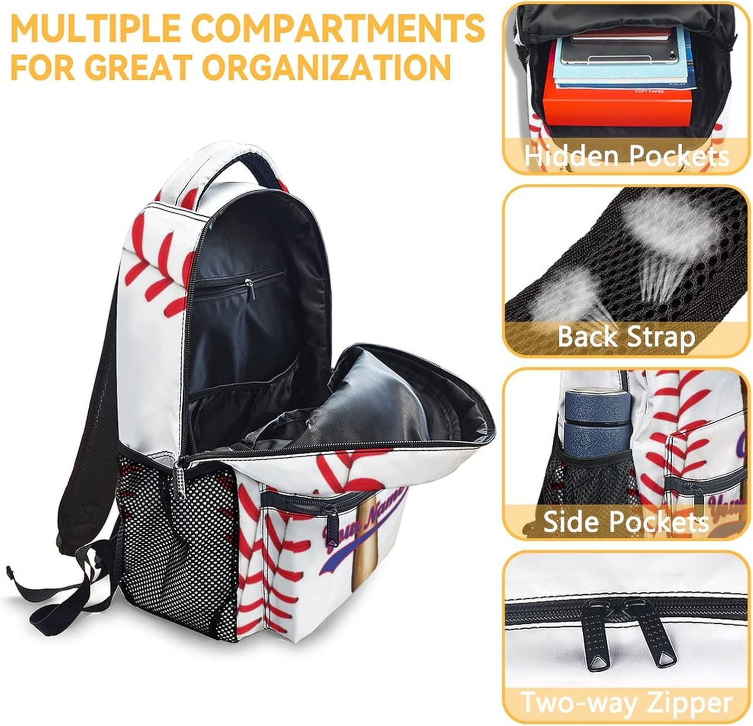 Personalized Baseball School Backpack for Boys, 16 Inch White Backpacks for Kids Age 10-12, Cool Lightweight Bookbag for Travel