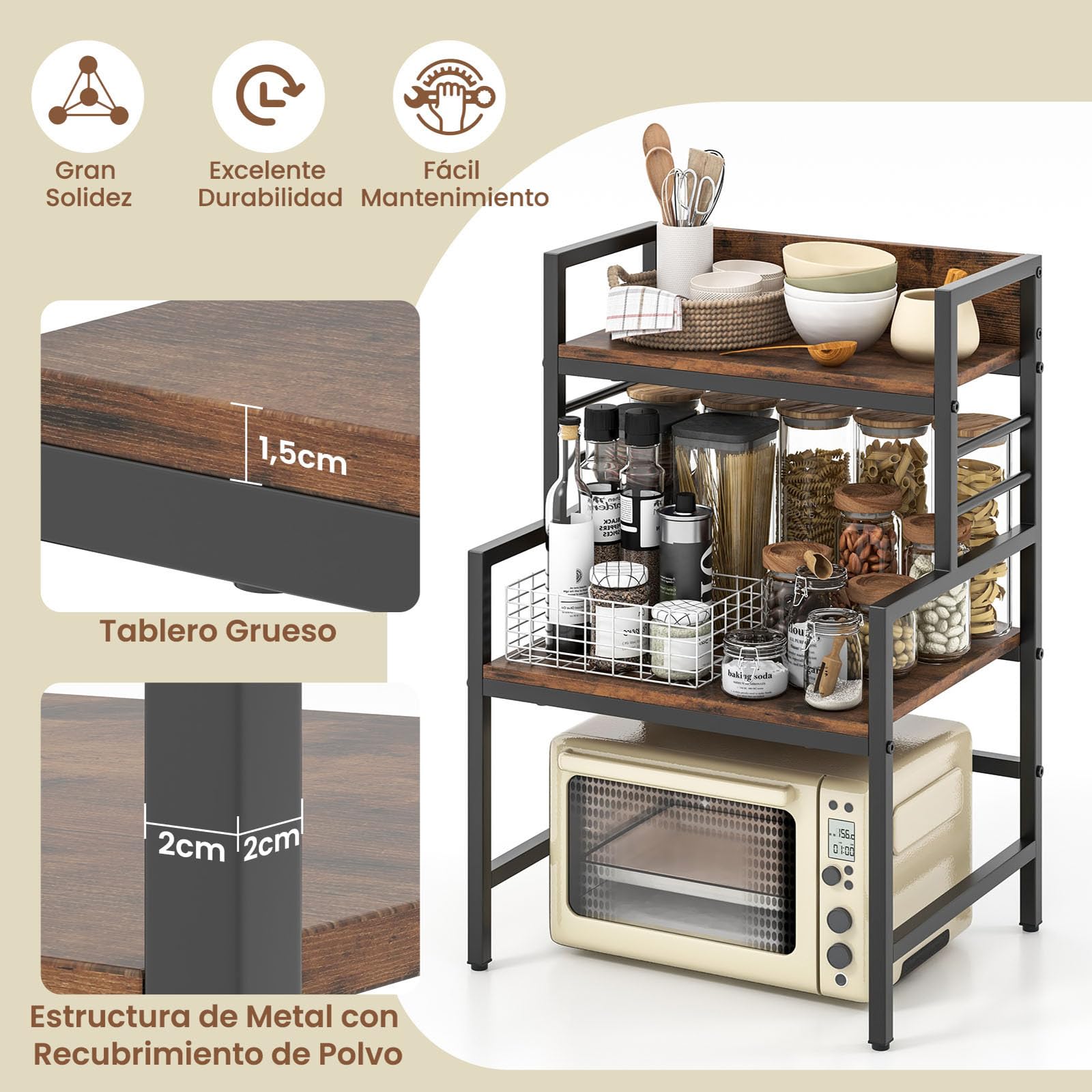 GIANTEX Especiero para Cocina 2 Niveles, Estantería de Especias en Forma de Escalera, 52 x 42 x 78 cm, con Kit Antivuelco y Patas Ajustable, Organizador de Especias para Cocina, Comedor
