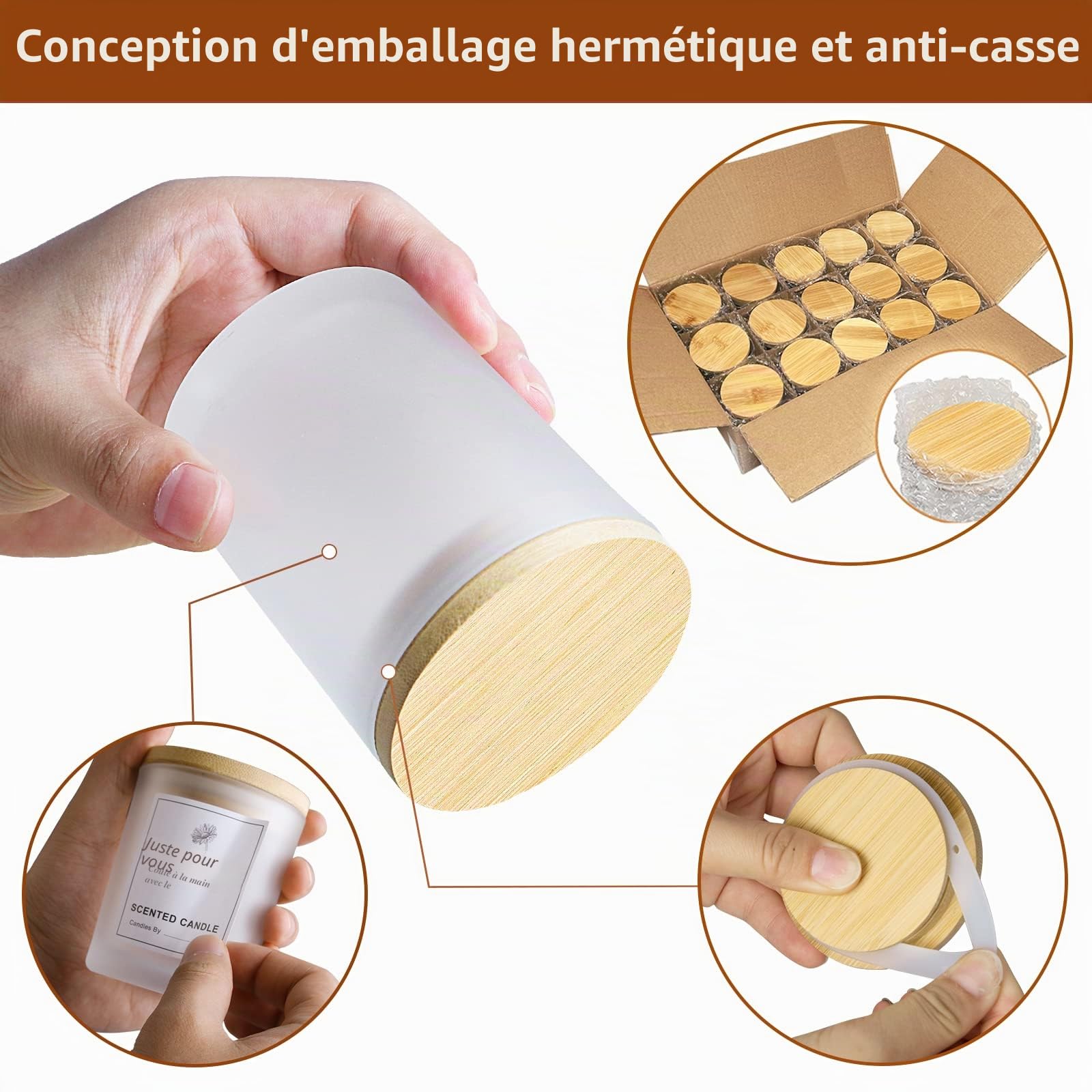 CONNOO Lot de 15 pots à bougies vides givrés de 200 ml avec couvercles en bambou et étiquettes adhésives pour la fabrication de bougies