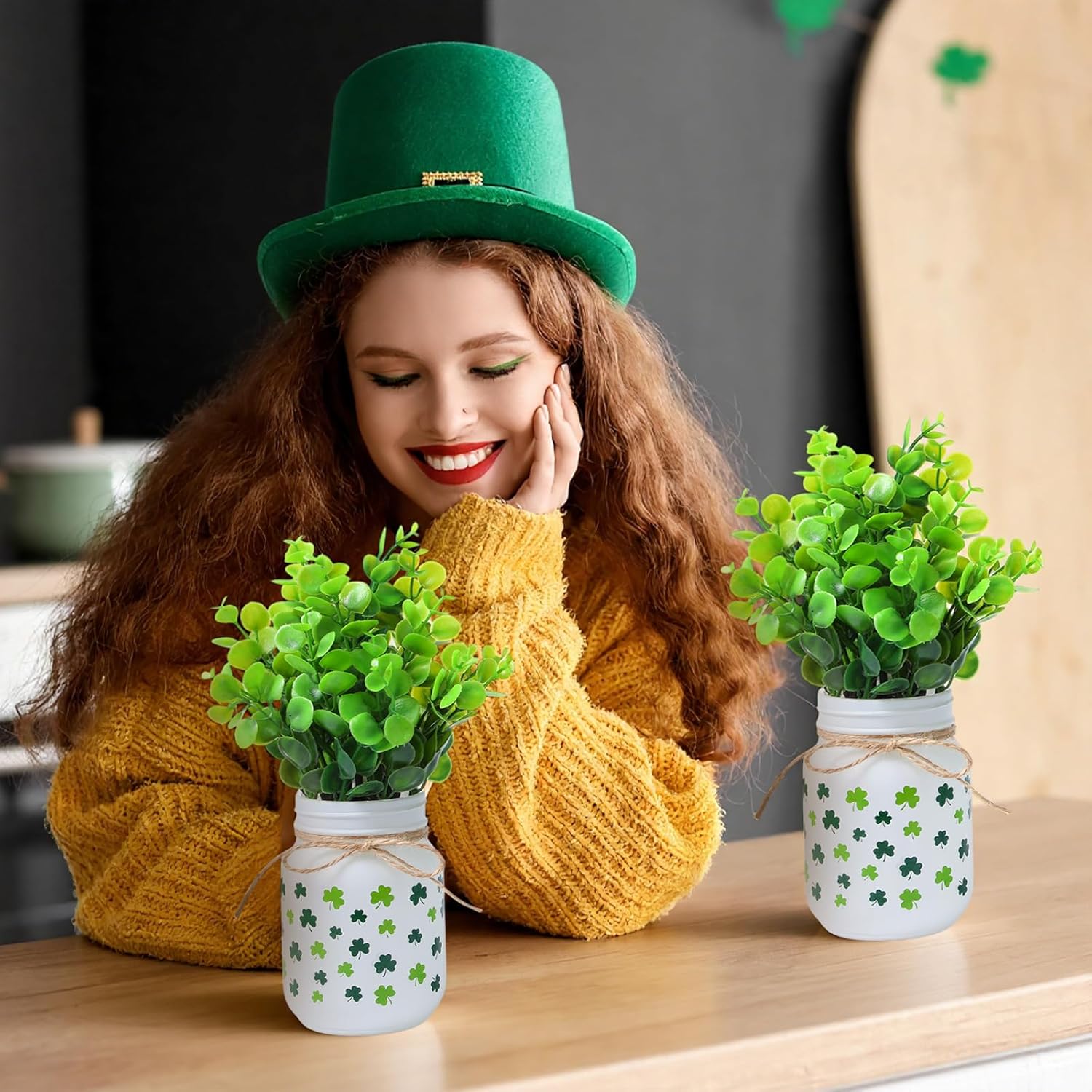 3 Pcs St. Patrick's Day Table Decorations Shamrock Mason Jar with Artificial Eucalyptus Mini Vases Potted Plants Centerpieces for Irish St Patricks Day Kitchen Fireplace Mantel Table Decor