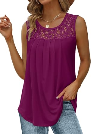 Saloogoe Summer Tank Tops for Women Loose Fit Pleated Tunics Scoop Neck Sleeveless Lace Tops Curved Hem Flowy
