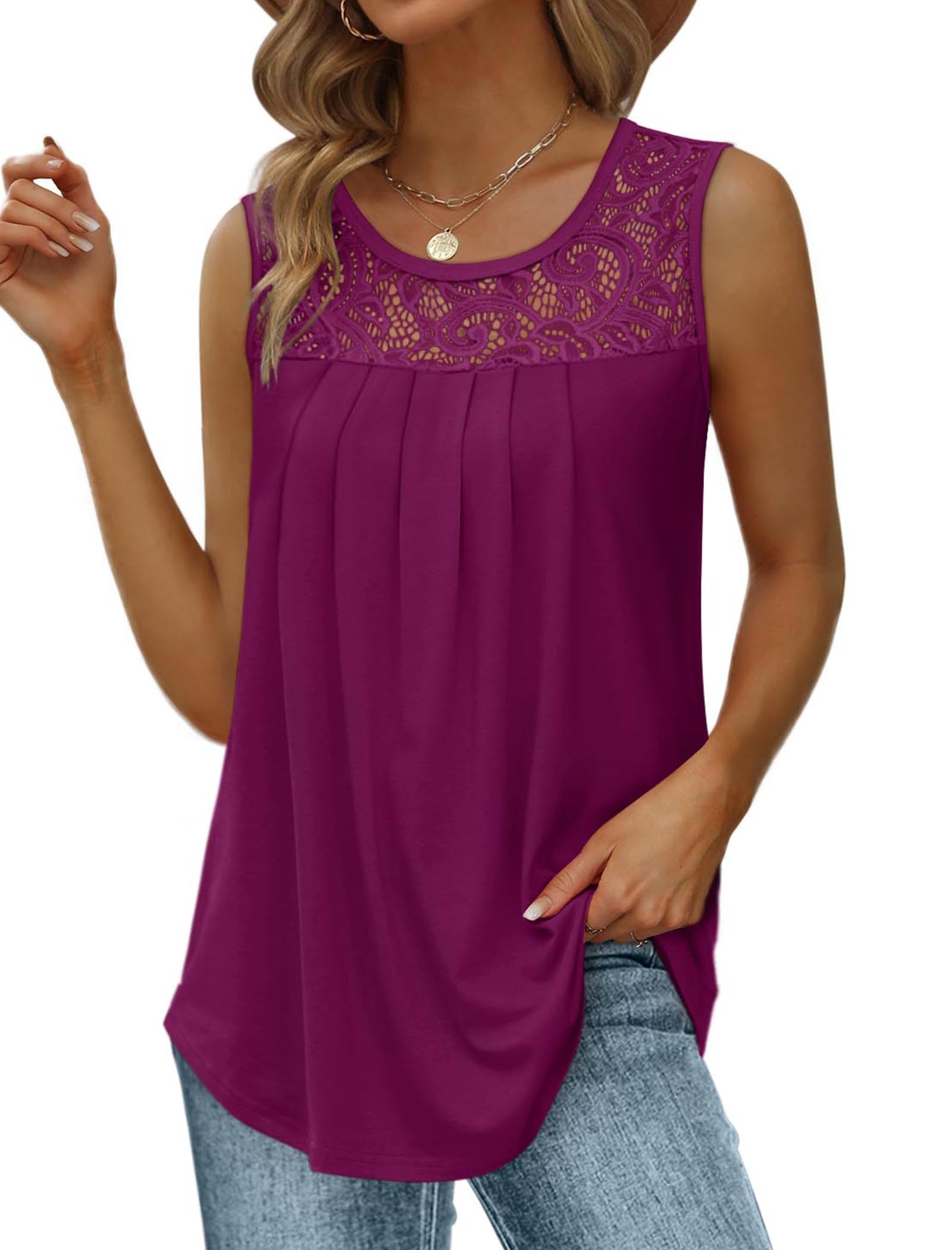 Saloogoe Summer Tank Tops for Women Loose Fit Pleated Tunics Scoop Neck Sleeveless Lace Tops Curved Hem Flowy