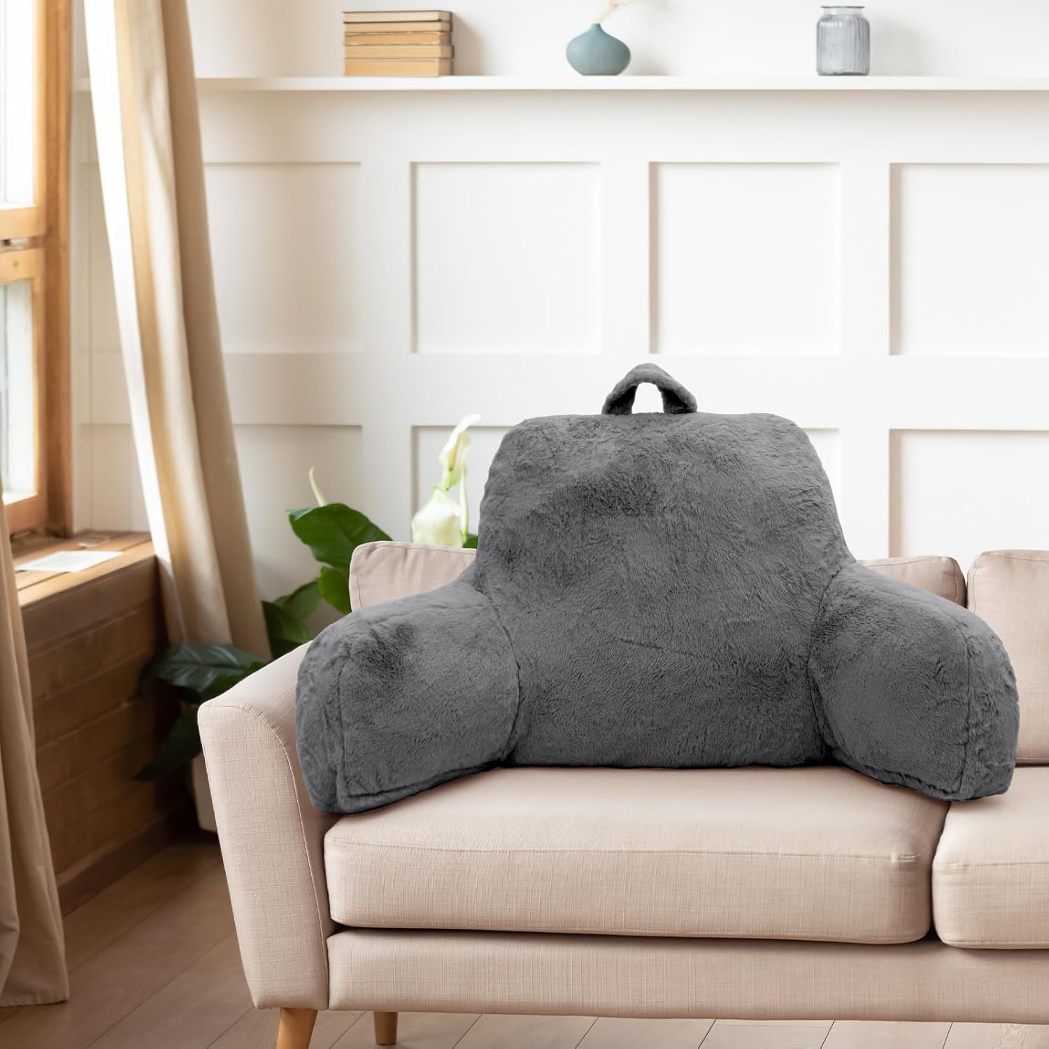 Reading Pillow for Sitting in Bed Adult, Standard Reading Pillow with Memory Foam, Back Pillow for Bed Sitting Up with Extend Arms, Grey
