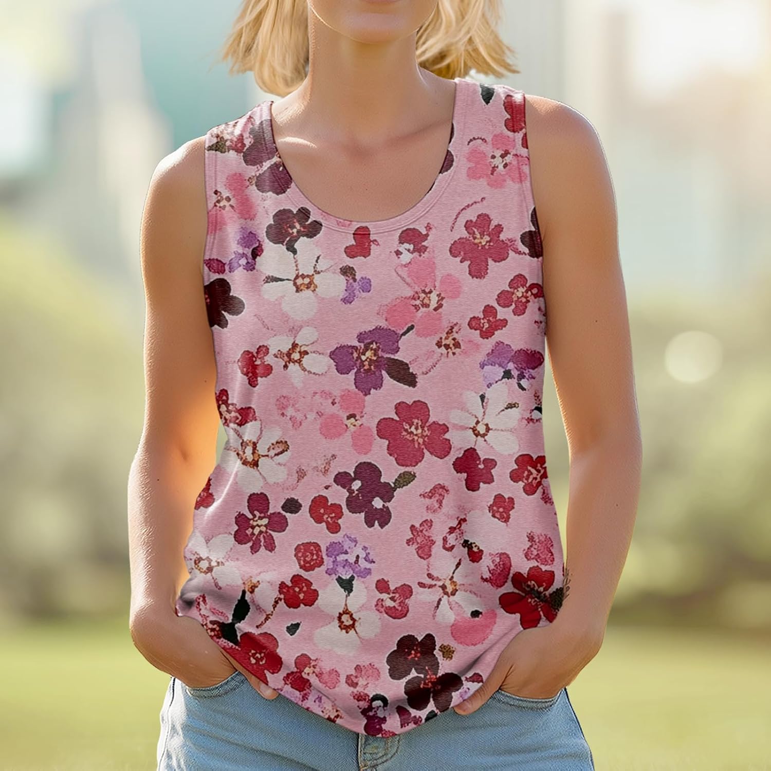 Sleeveless Shirts for Women 2025 Trendy Floral Vintage Tank Tops Scoop Neck Pullover Basic Vacation Tops - Image 2