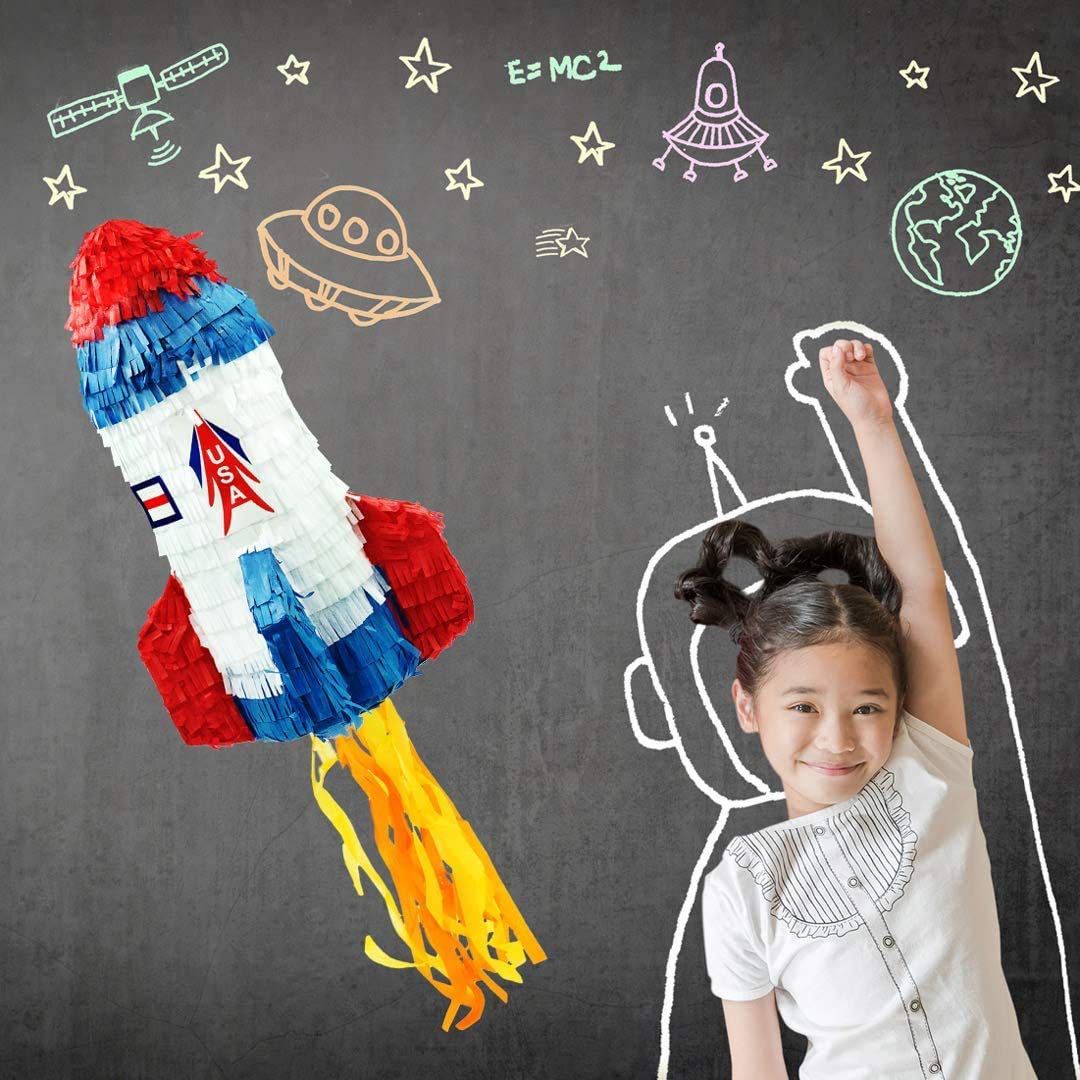 Trendario Pinata Set Rakete, Pinjatta + Stab + Augenmaske, Ideal zum Befüllen mit Süßigkeiten und Geschenken - Piñata für Kindergeburtstag Spiel, Geschenkidee, Party, Hochzeit