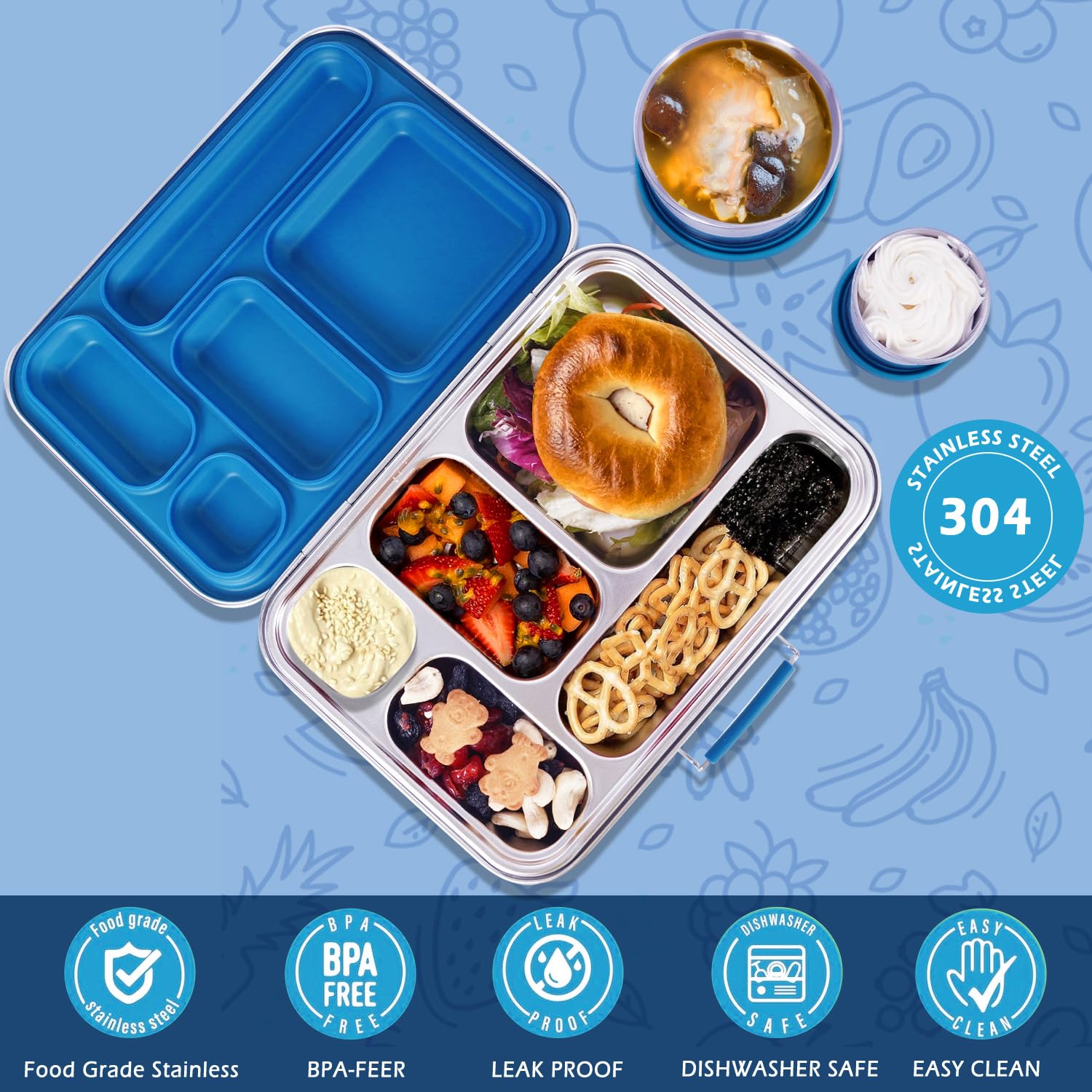 LCHLZZ Bento Box in acciaio inox, 5 scomparti con 2 contenitori bonus, a prova di perdite e senza BPA, contenitori per il pranzo in acciaio inox 304, per ufficio, viaggi, lavabili in lavastoviglie