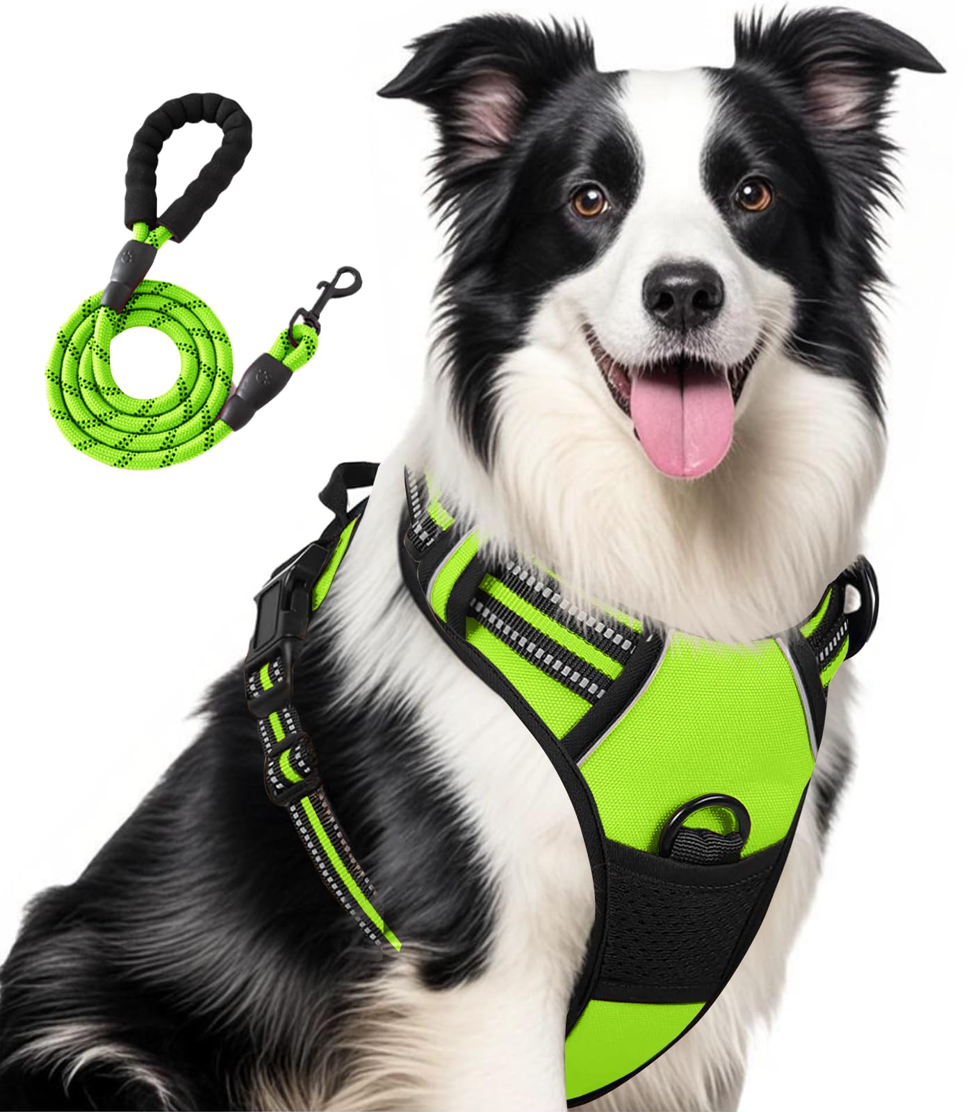 Jomkig Adjustable No Pull Dog Harness with Easy Control Soft Padded Handle for Large Dogs Reflective Breathable Pet Vest Outdoor Walking Training, Neon Green, Large