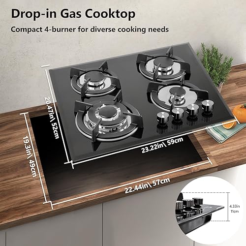 Miniatura 6 de Estufa de Cocina de Gas de 4 Quemadores 24 Pulgadas, Placa de Vidrio Integrada con Quemadores de Gas, Compatible con NG/LPG o Uso con Propano o Gas