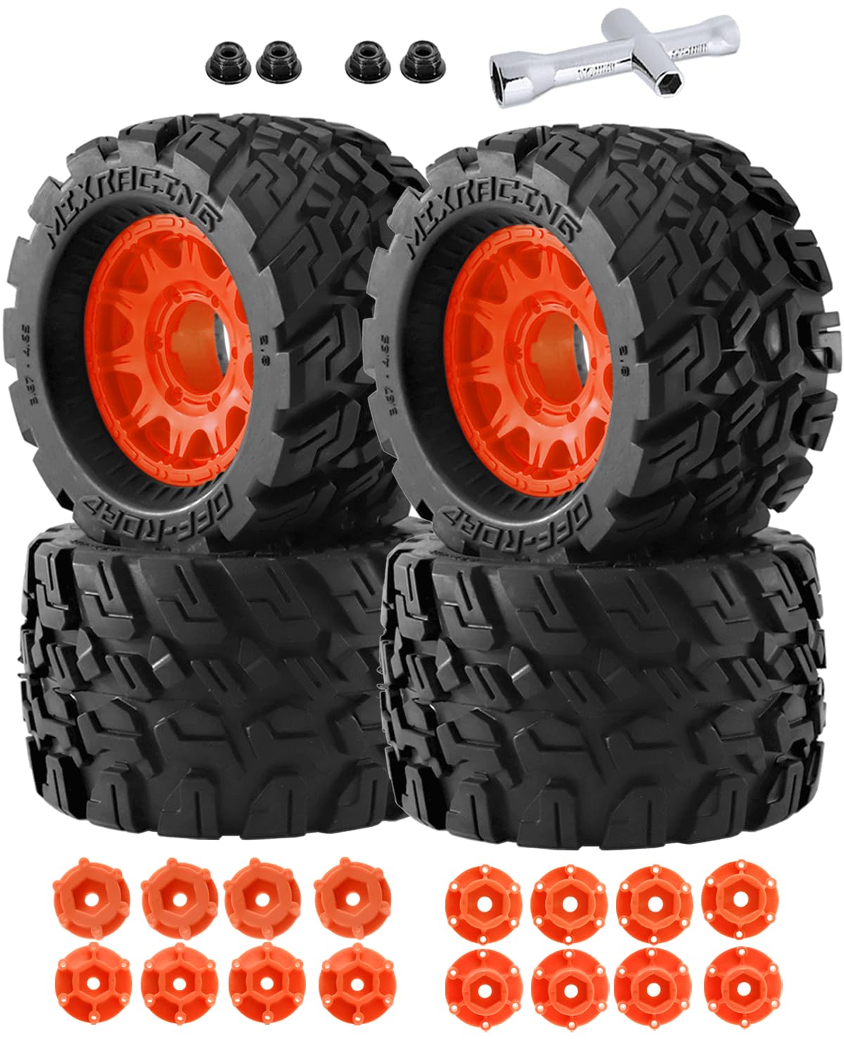 Rcarmumb RC Truck Wheel Tires for 1/10 Rustler Stampede Hoss, Granite Vorteks Big Rock,Axia1 L0S1 Red cat Rc 4wd,12mm/14mm Hex Rc Truck Tires,4pcs,