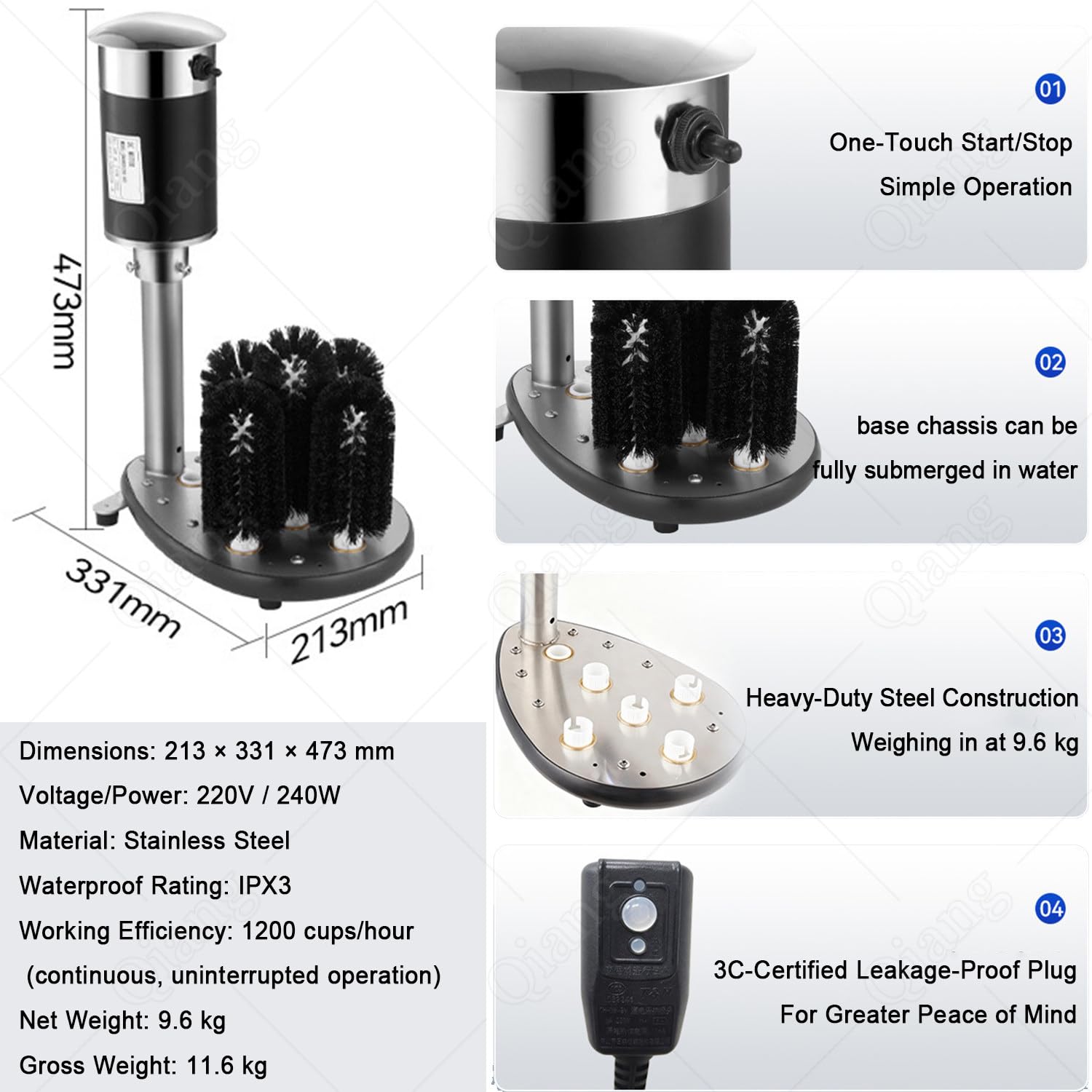 Lavavasos Eléctrico Comercial con 5 Cepillos,Pulidora de Copas en Acero Inoxidable,Limpieza Eficiente 360°, Secado Rápido,Sin Manchas ni Huellas Dactilares,Adecuado para Copas,Vasos