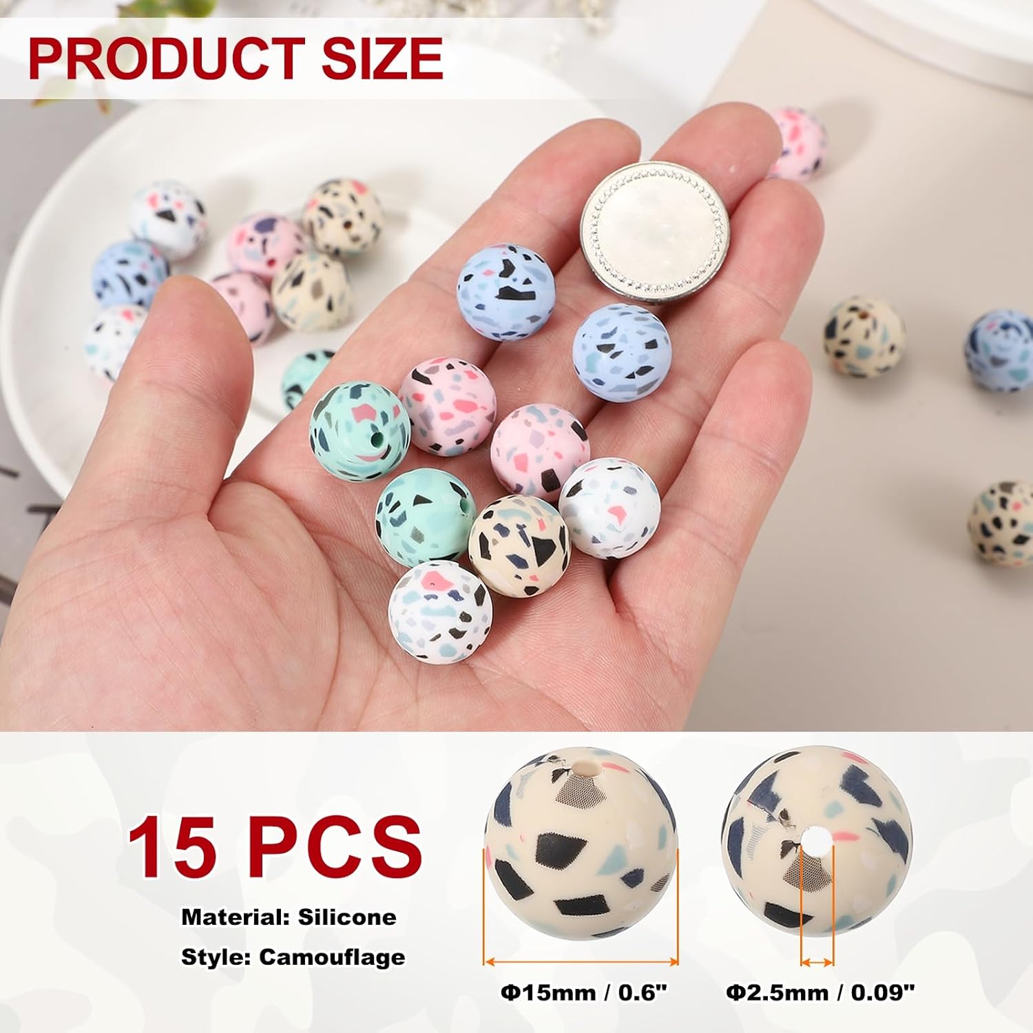 PATIKIL 15 Pcs Silicone Beads, 15mm Round Cow Print Beads Bulk Focal Bead Colorful for Beaded Pen Keychain Making Crafts Bracelets Beadable Jewelry Making Halloween, Camo Brown - Image 2