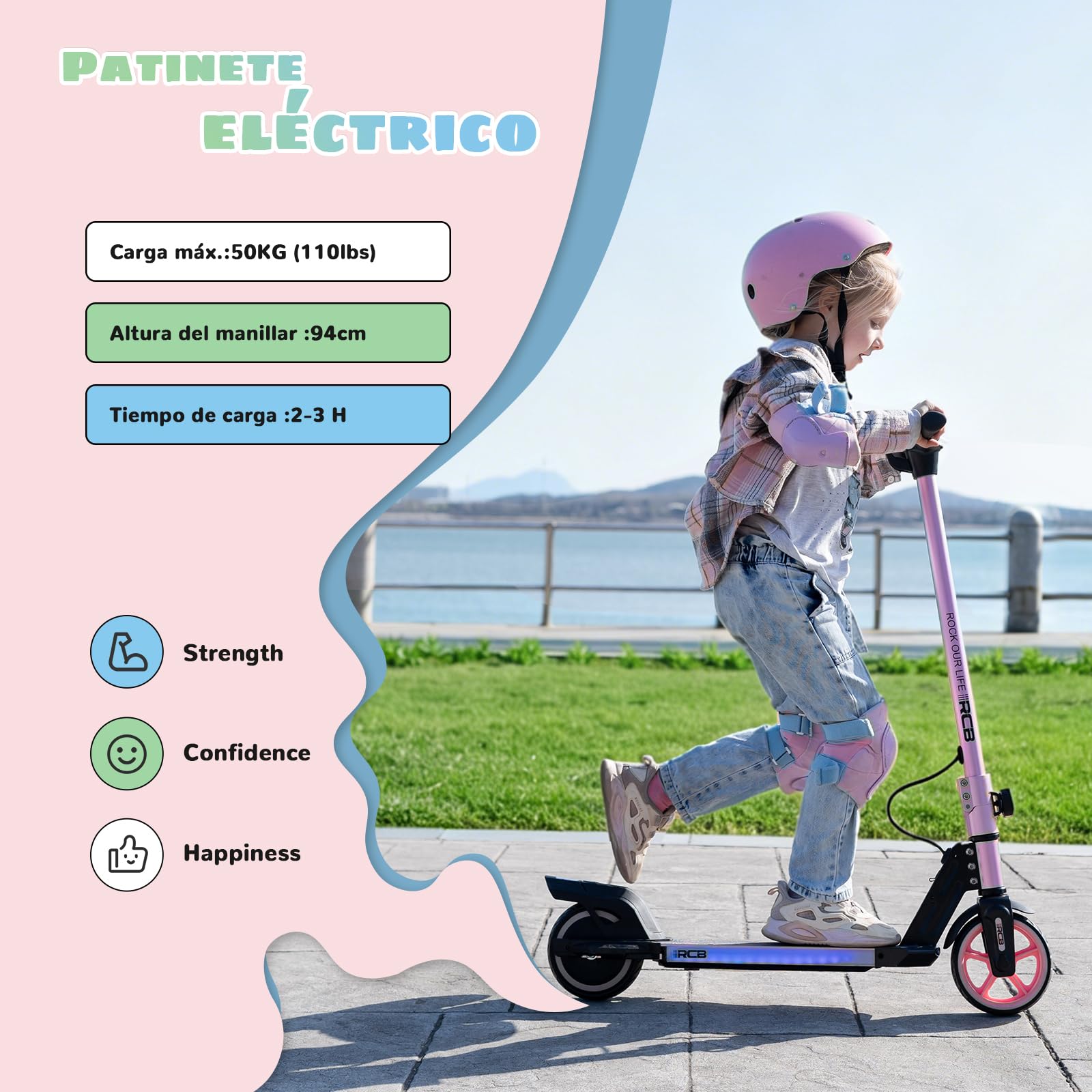 R12 Patinete Electrico para Niño de 6 a 12 años, Scooter Eléctrico Niños de 6,5" con Luces LED y 3 velocidades, Máxi 15 km/h, Autonomía Máxi 10km, Carga Máxi 50 kg, Luces Coloridas