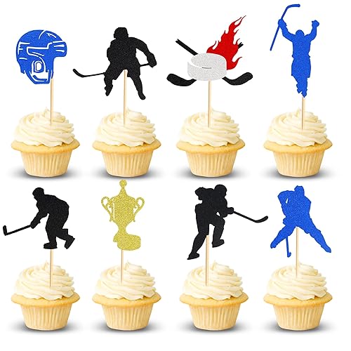 Arthsdite 24 piezas de hockey para magdalenas, jugadores de hockey, trofeos, selecciones de cupcake de hockey sobre hielo, temática deportiva, baby