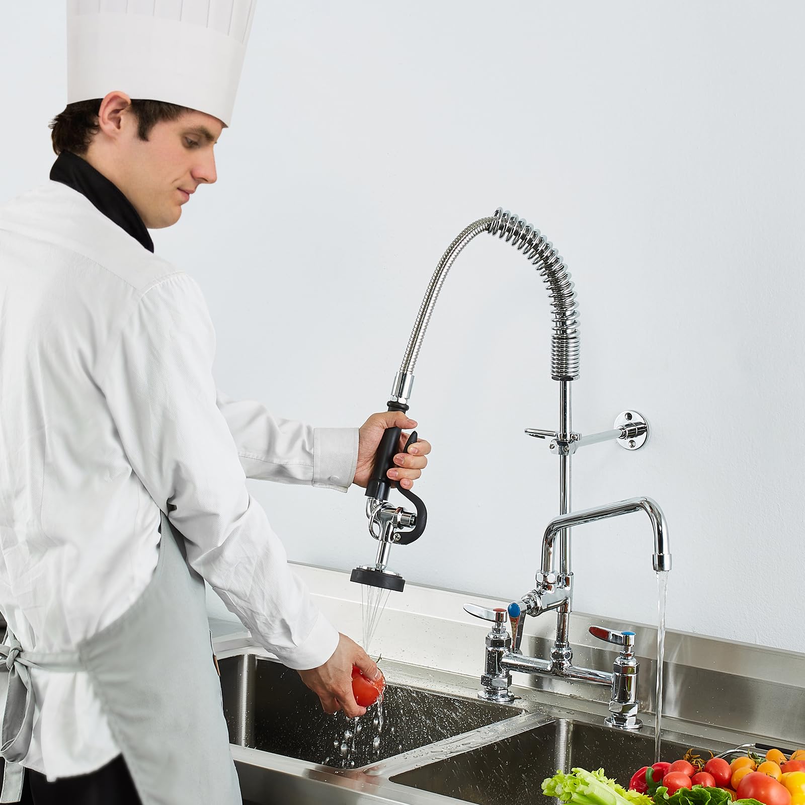 VEVOR Robinet de Cuisine Commercial avec Pulvérisateur de Pré-rinçage, Mitigeur avec Douchette Extractible, 660 mm de Haut, Entraxe 203 mm, Bec Pivotant 305 mm, Montage sur Pont, pour Évier Rstaurant