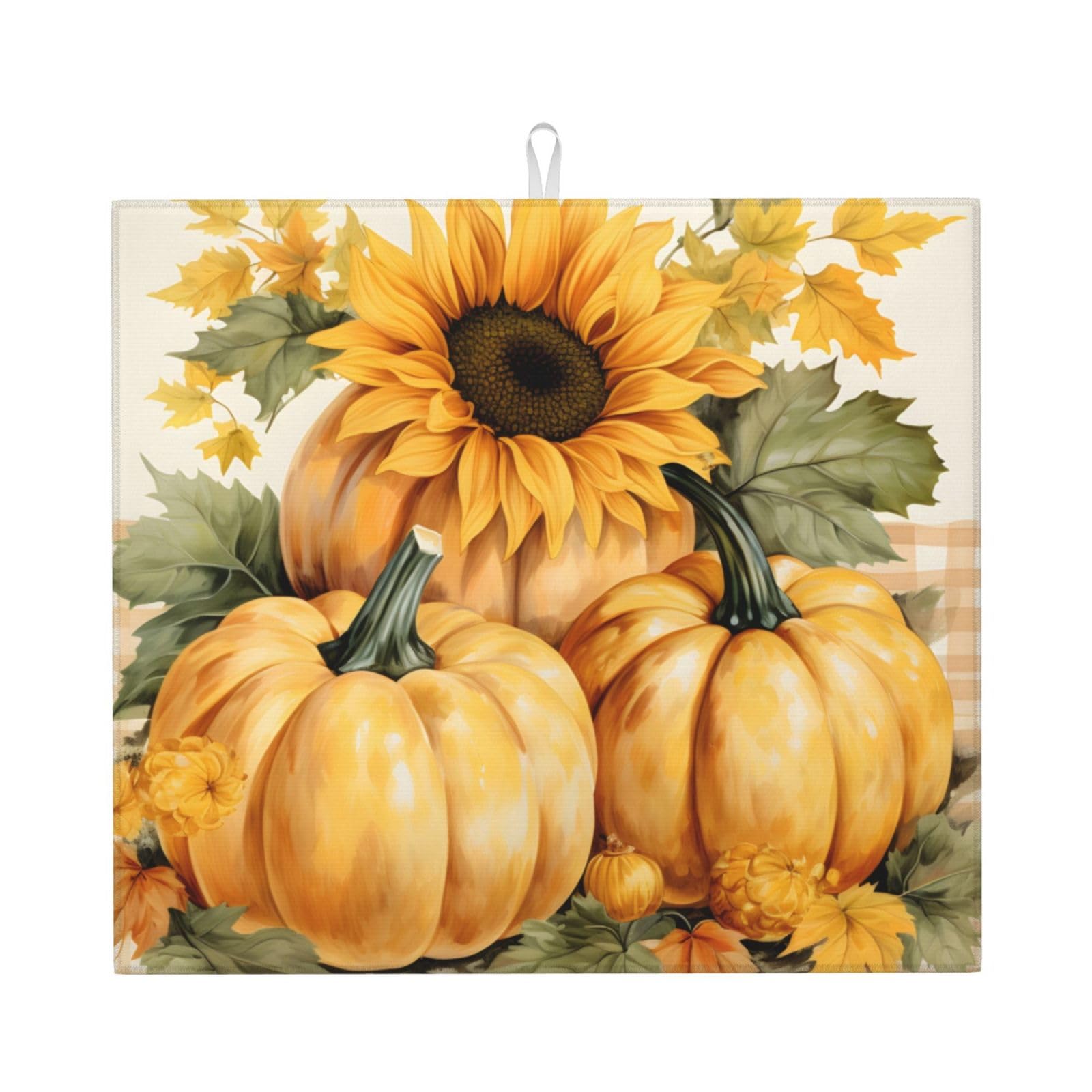 Dish Drying Mat for Kitchen Counter, Fall Pumpkins Autumn Thanksgiving Sunflowers Harvest Super Absorbent Dish Rack Mats with Hanging Loop, 16 X 18 Inch